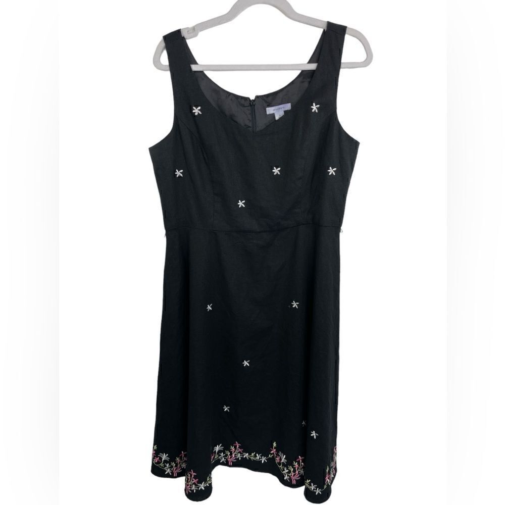 Dress barn A Line Dress Black Floral Embroidered Linen & Rayon Back Zip size 12